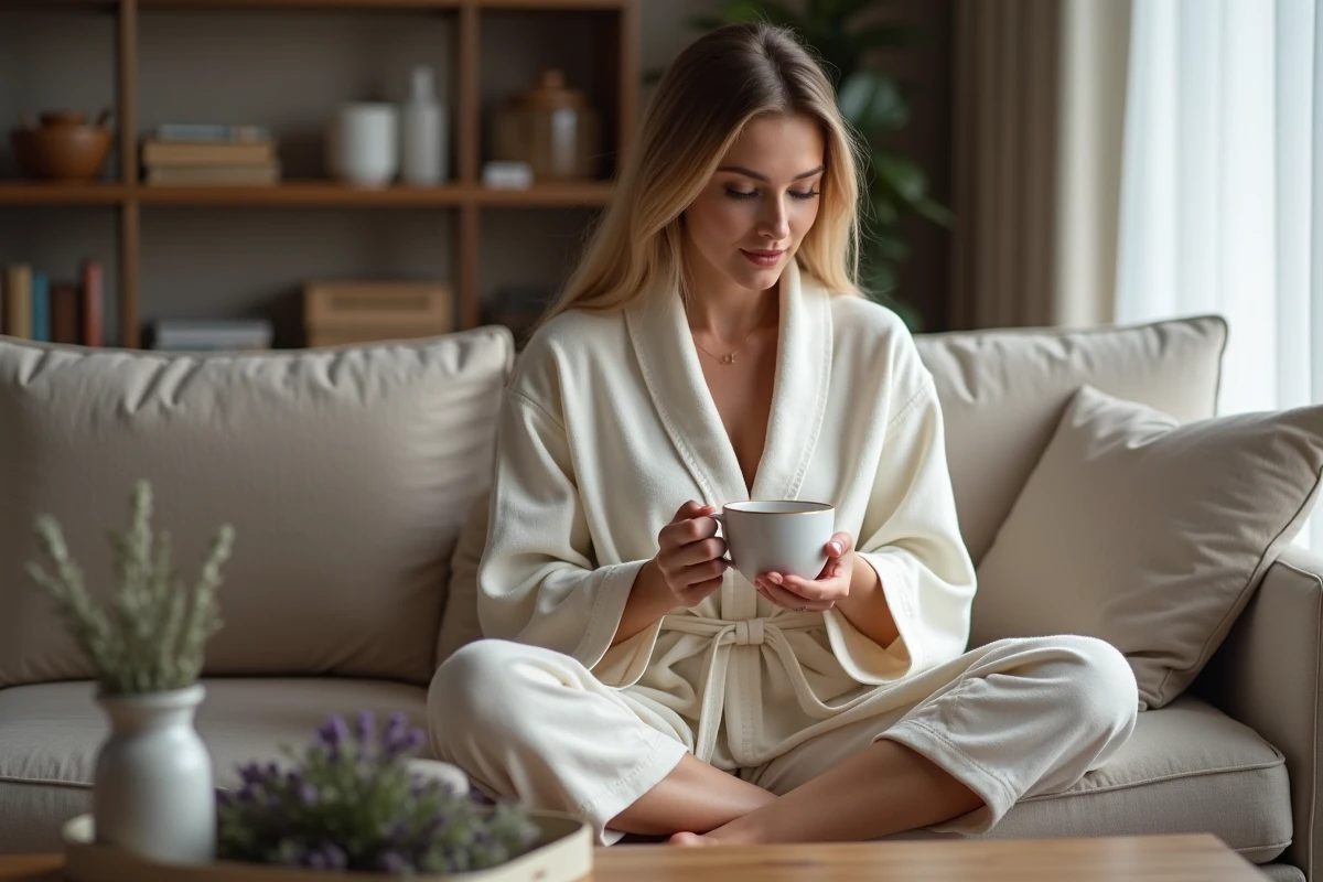 Femme en peignoir tenant une tasse de tisane sur un canapé en lin dans une ambiance de soirée apaisante