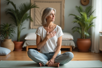 Femme méditant en yoga dans un intérieur calme