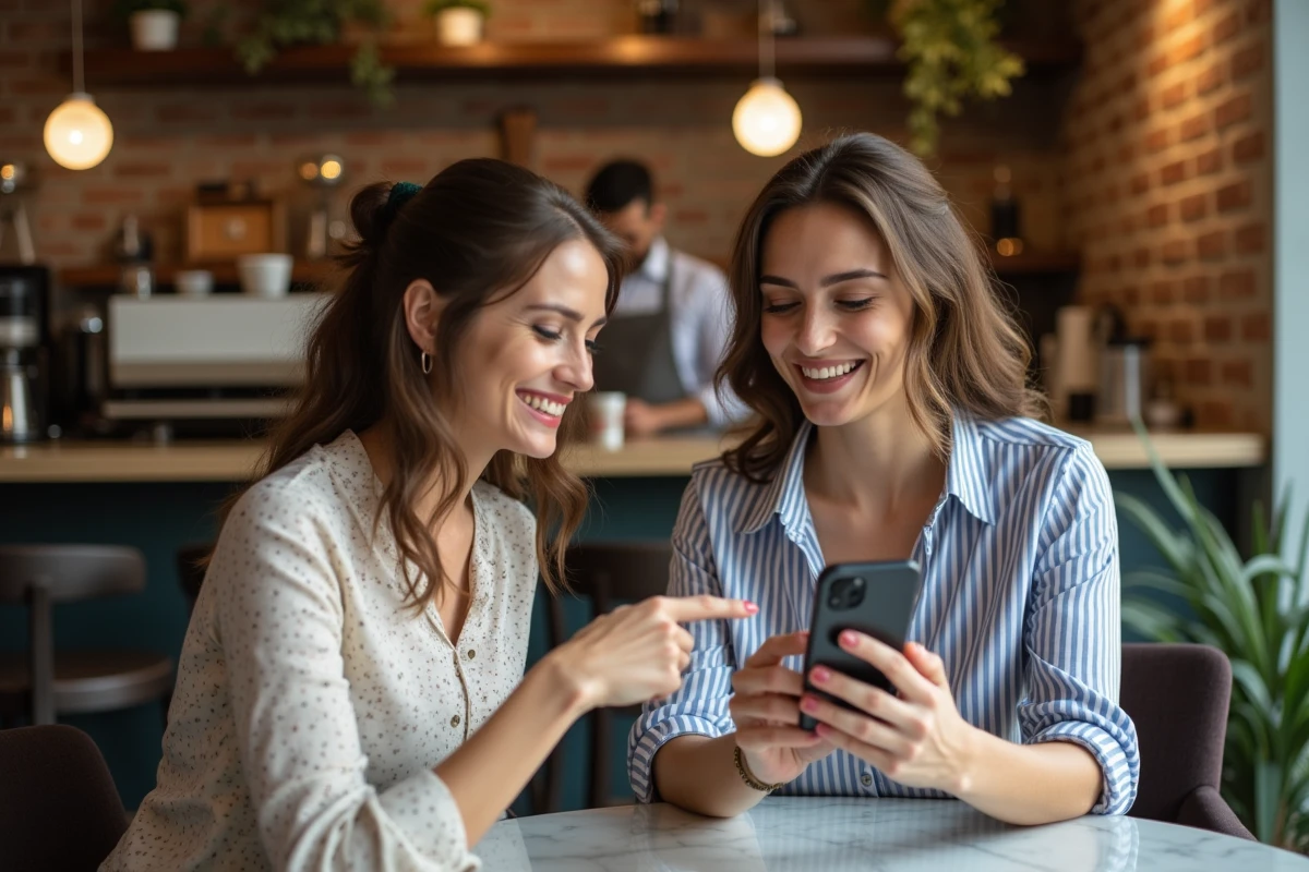 Deux femmes comparant des magazines bien-être en ligne sur smartphone dans un café urbain tendance