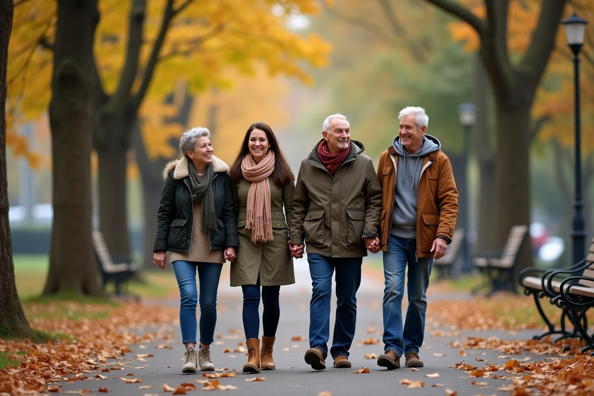 Soeurs adultes avec leurs parents dans un parc automnal
