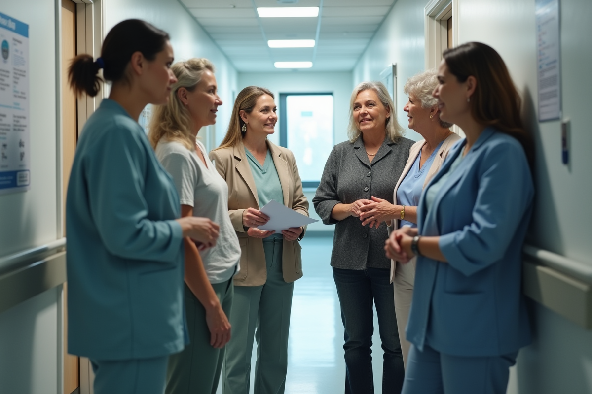 Femmes diverses discutant dans un couloir d