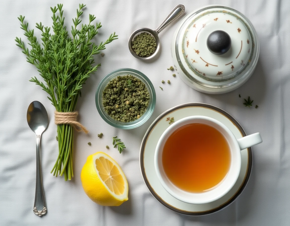 Vue &agrave; plat des ingr&eacute;dients et accessoires pour pr&eacute;parer une infusion de thym, avec des brins frais, du thym s&eacute;ch&eacute; et une tasse remplie