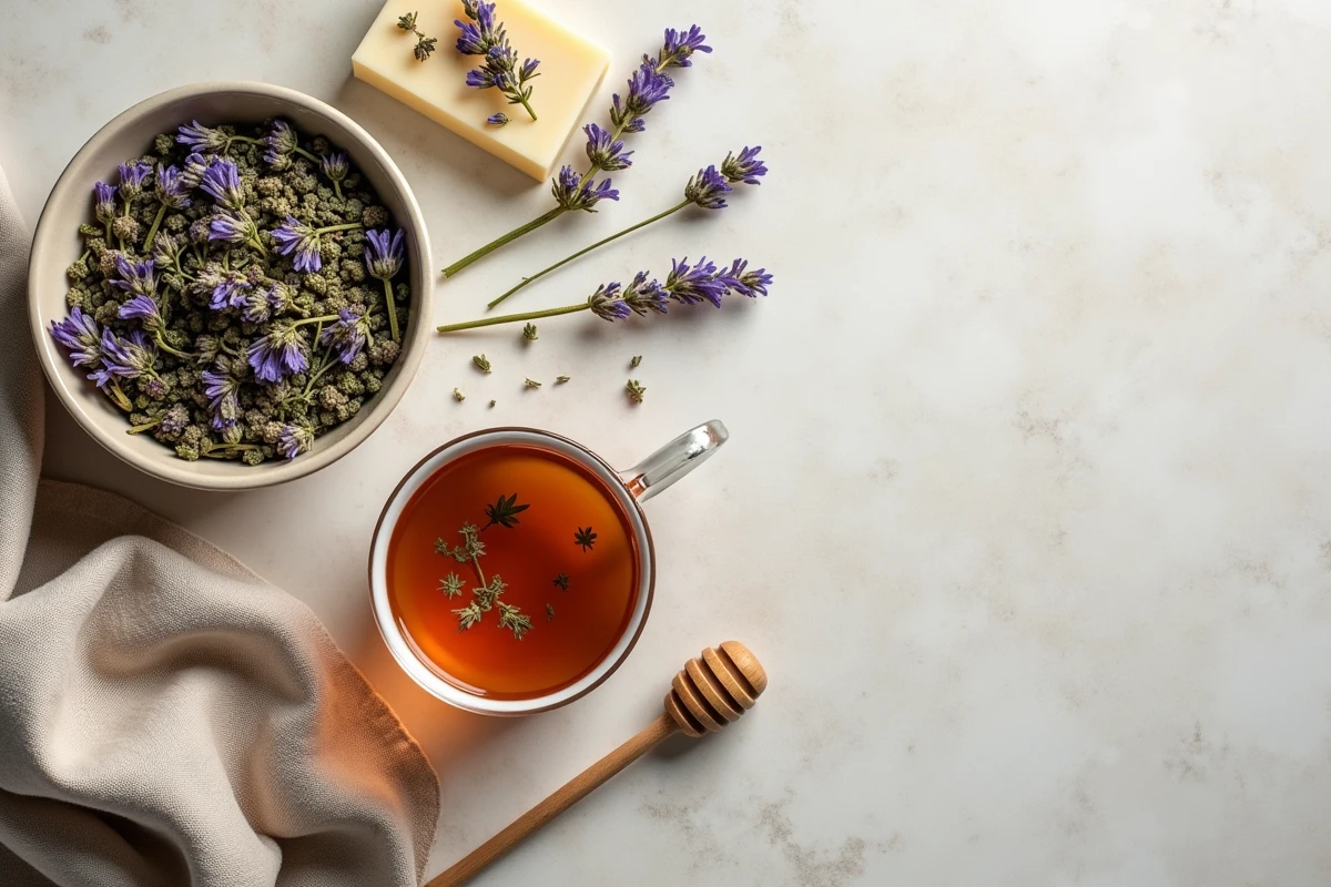 Vue de dessus d'une théière et d'herbes séchées de thym et lavande sur un plan de travail en pierre