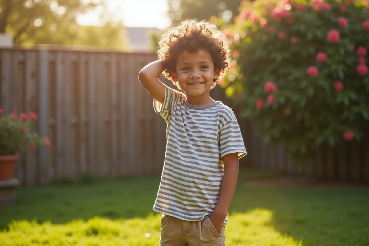 Jeune garçon avec eczema dans un jardin ensoleille