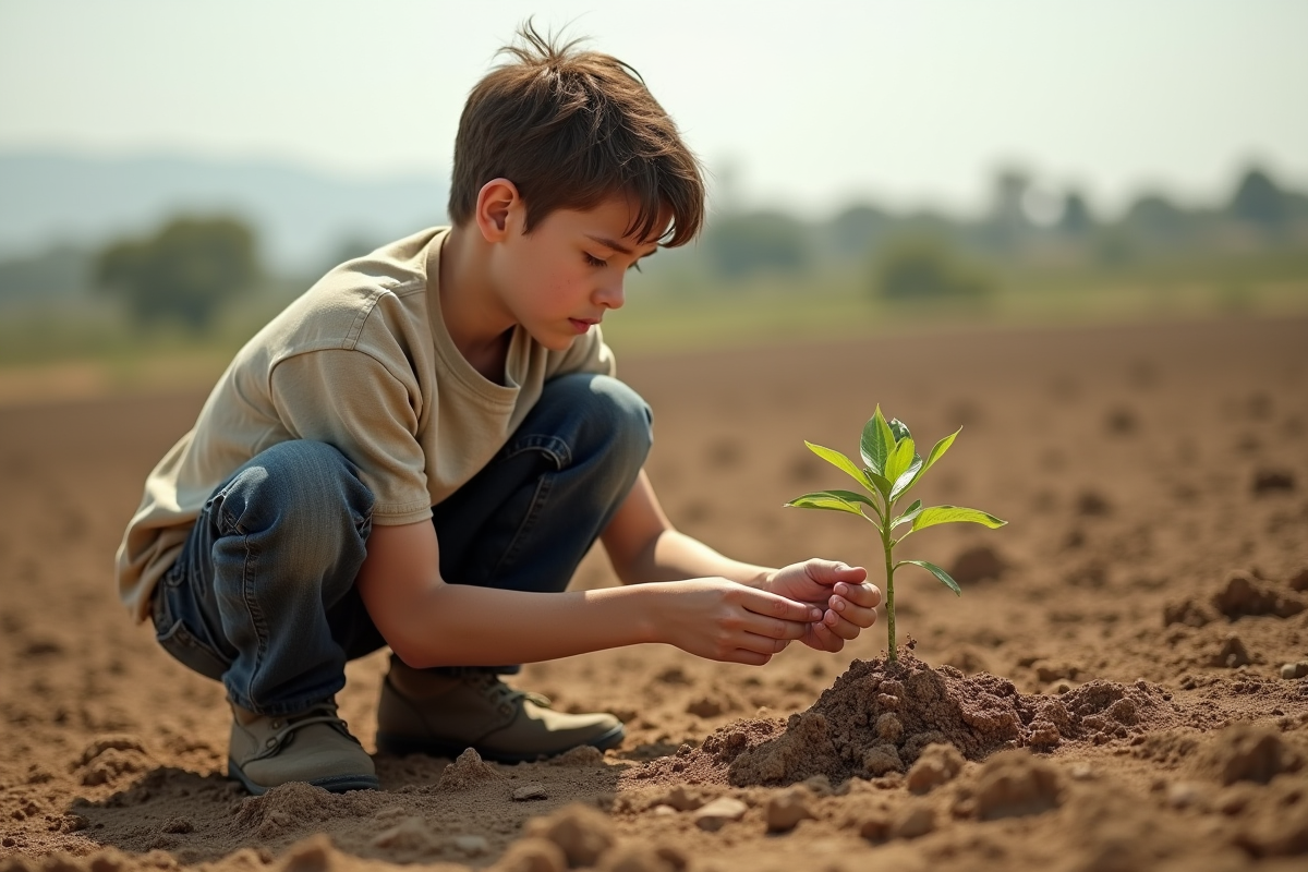 Jeune garçon examinant une jeune plante dans un champ brûlé