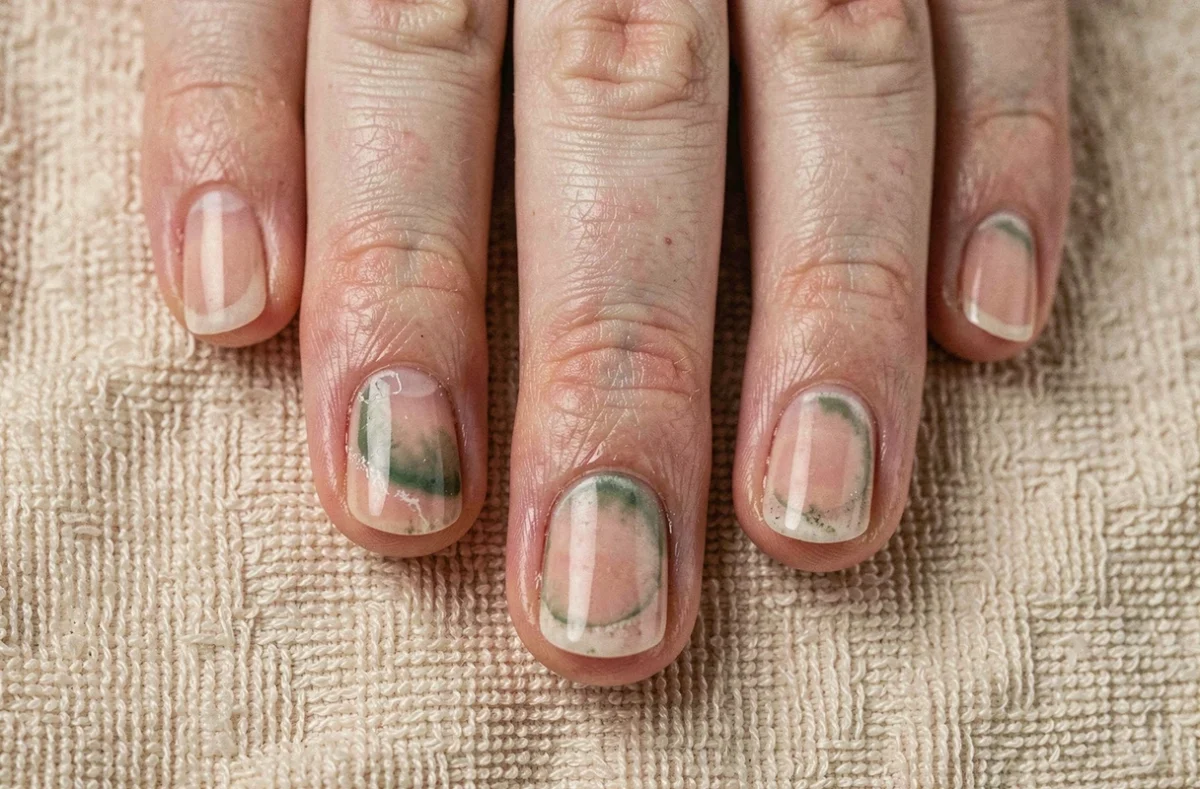 Gros plan sur des ongles en gel avec infiltration visible, décollement au niveau des cuticules et décoloration sous la résine