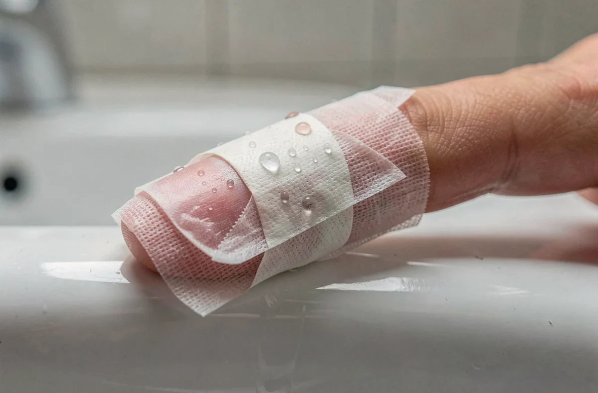 Gros plan d'un pansement waterproof sur un ongle arraché avec gouttes d'eau sur le bandage
