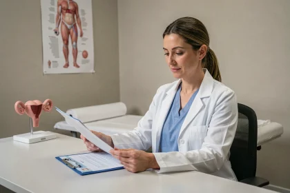 Gynécologue en consultation examinant le dossier médical d'une patiente dans un cabinet moderne avant un retrait de stérilet