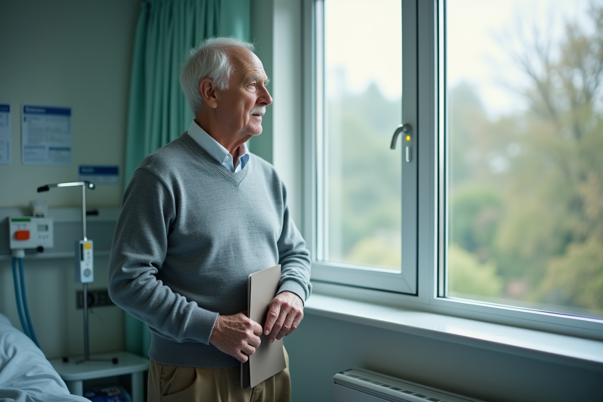 Homme âgé regarde par la fenêtre d
