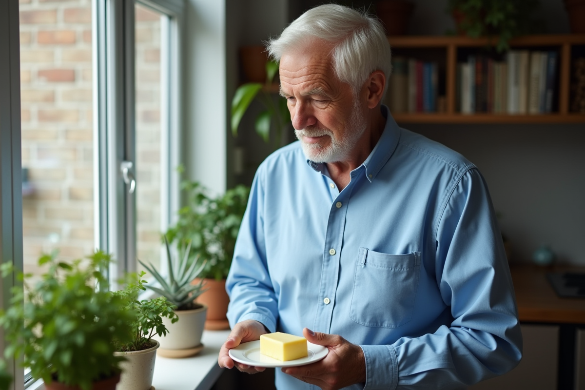 Homme senior tenant un plat de beurre dans une ambiance paisible