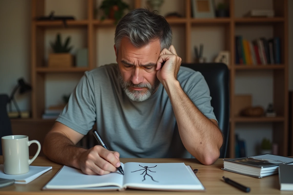Homme réfléchissant face à un dessin de bonhomme allumette symbolisant la peur du changement