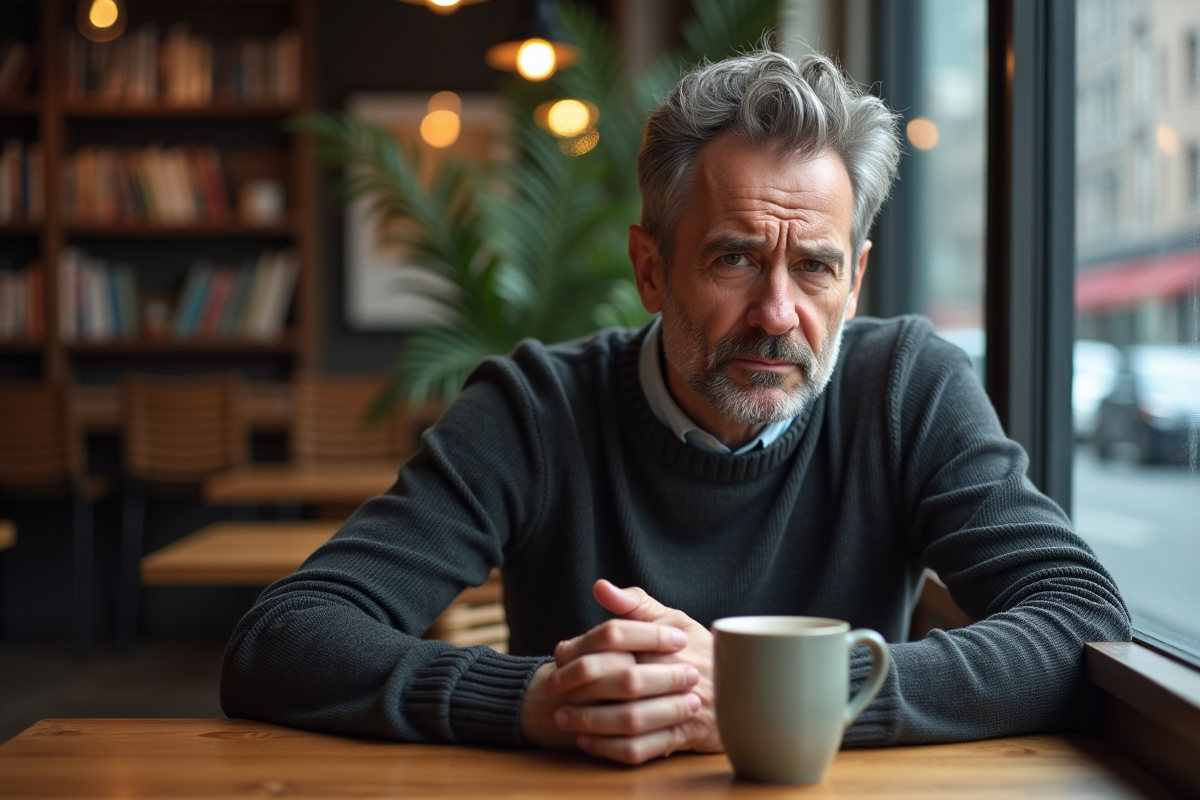 Homme seul au café avec expression tendue