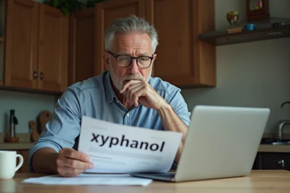 Homme d'&acirc;ge moyen regardant un document xyphanol