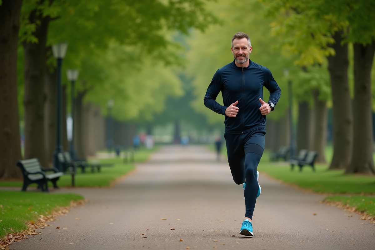 Homme courant dans un parc verdoyant avec tracker fitness