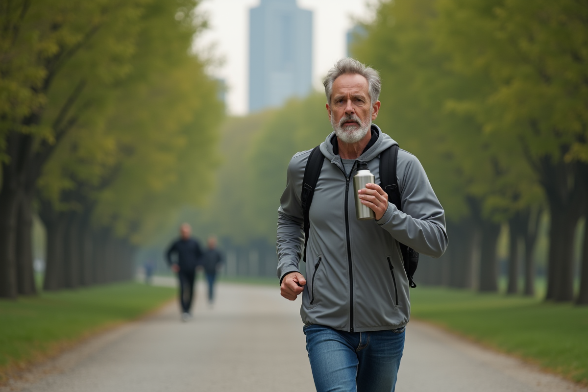 Homme courant dans un parc urbain en buvant de l