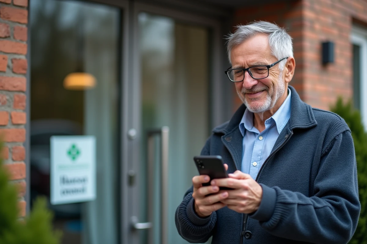 Homme âgé vérifiant sa réservation en ligne devant la clinique