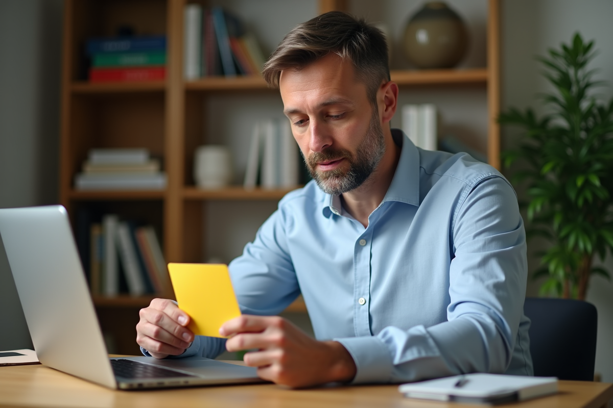 Homme vérifiant sa carte de vaccination à la maison