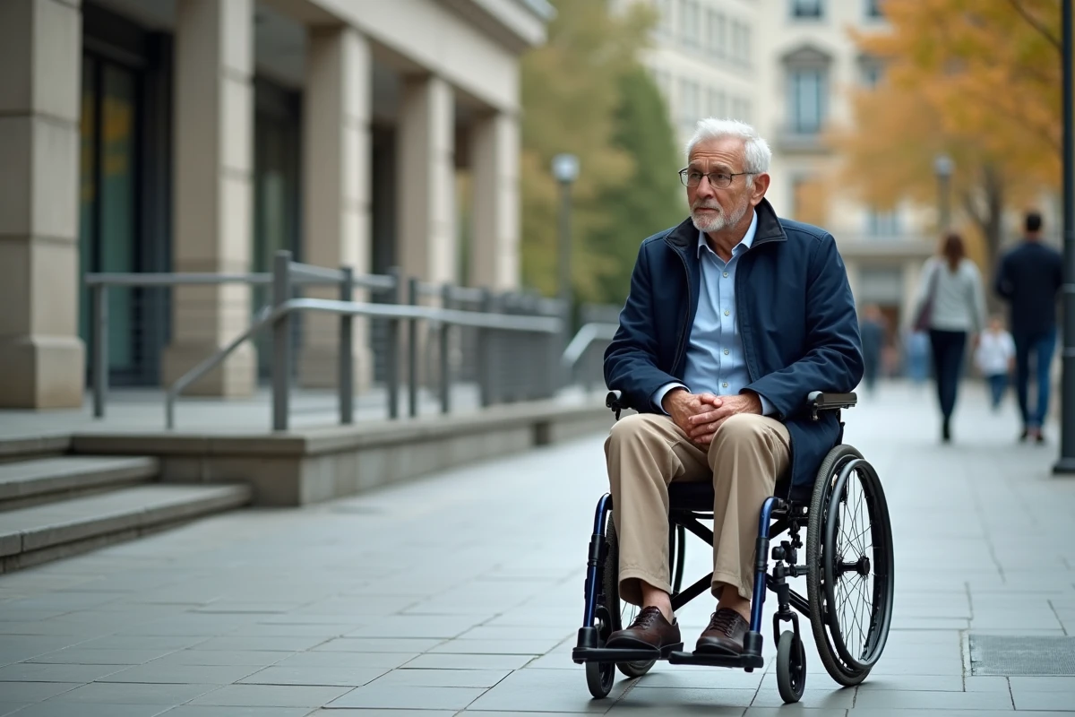 Homme en fauteuil roulant devant un bâtiment administratif français accessible
