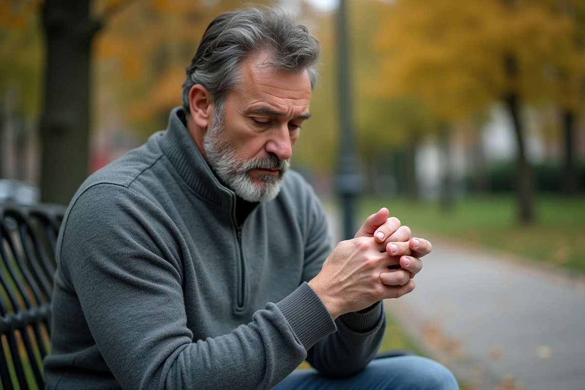 Homme d'âge moyen se grattant la main gauche sur un banc dans un parc en automne
