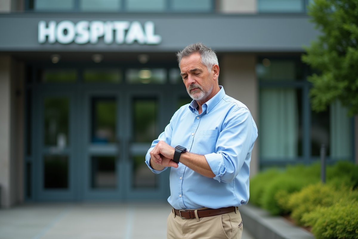 Homme regardant sa montre devant un hôpital moderne