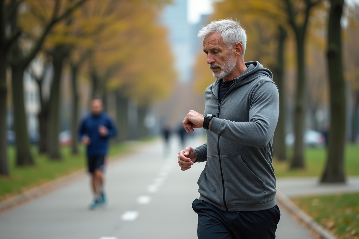 Homme courant dans un parc urbain avec tracker fitness