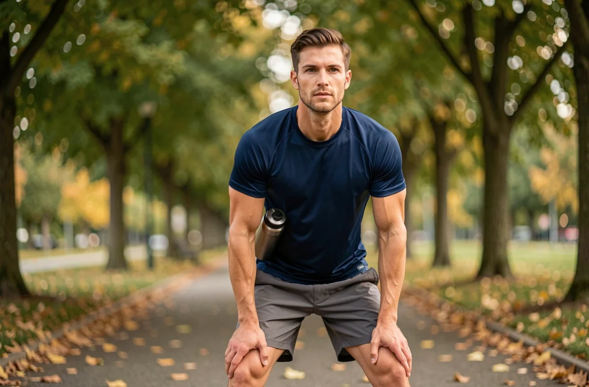 Homme sportif en pause après un jogging dans un parc urbain avec une bouteille de récupération hydratante