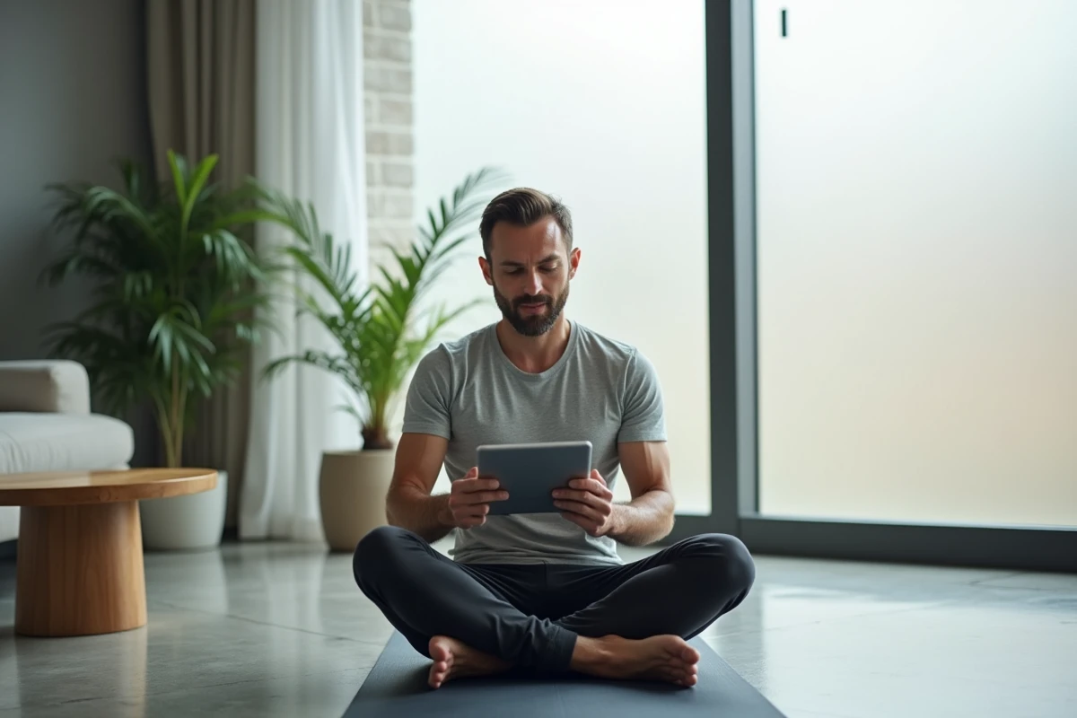 Homme lisant un article bien-être sur une tablette assis en tailleur dans un salon minimaliste moderne