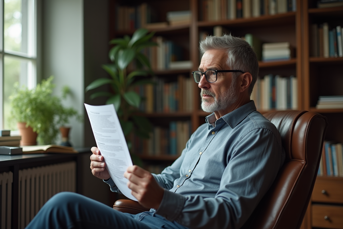 Homme assis chez lui regardant un rapport médical