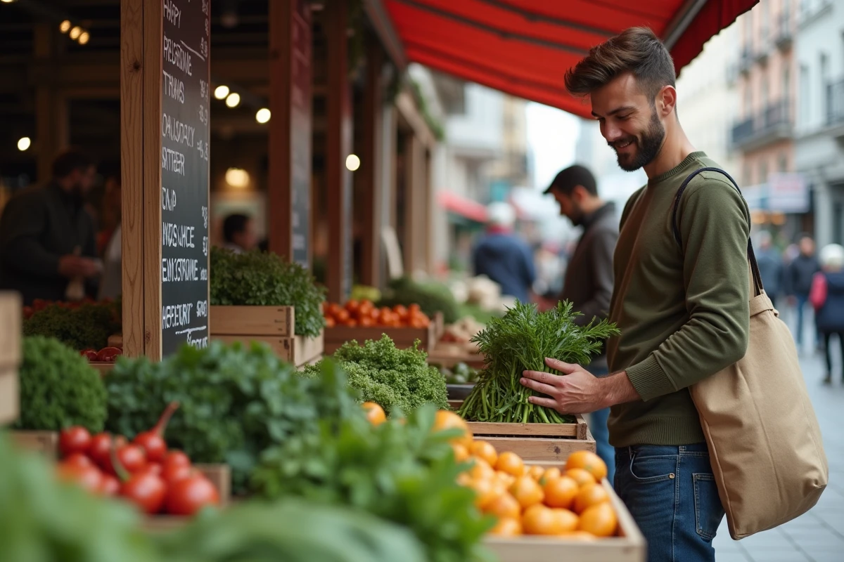 Jeune homme choisissant des légumes frais au marché