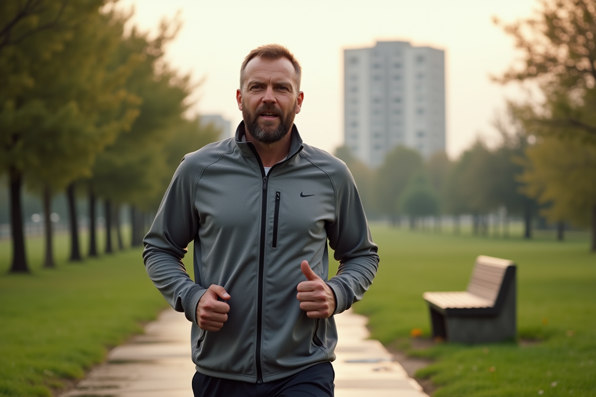 Homme faisant une marche matinale dans un parc