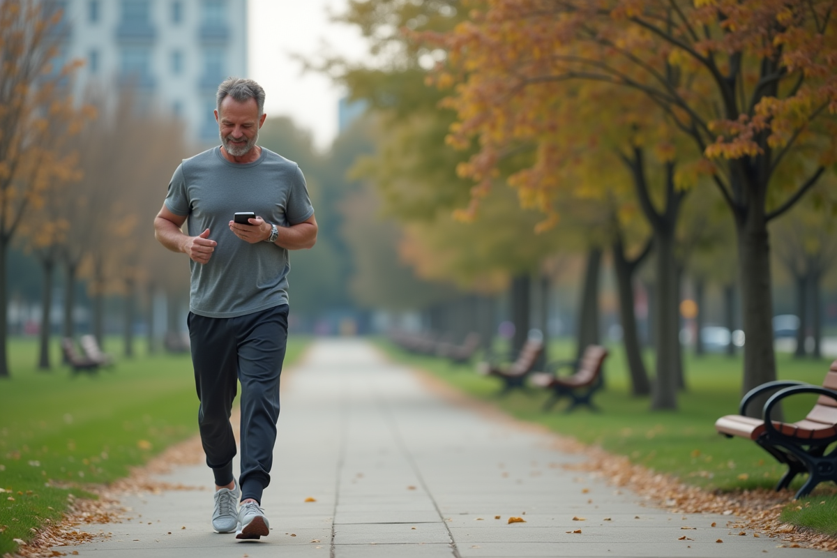 Homme en jogging marchant dans un parc urbain avec smartphone