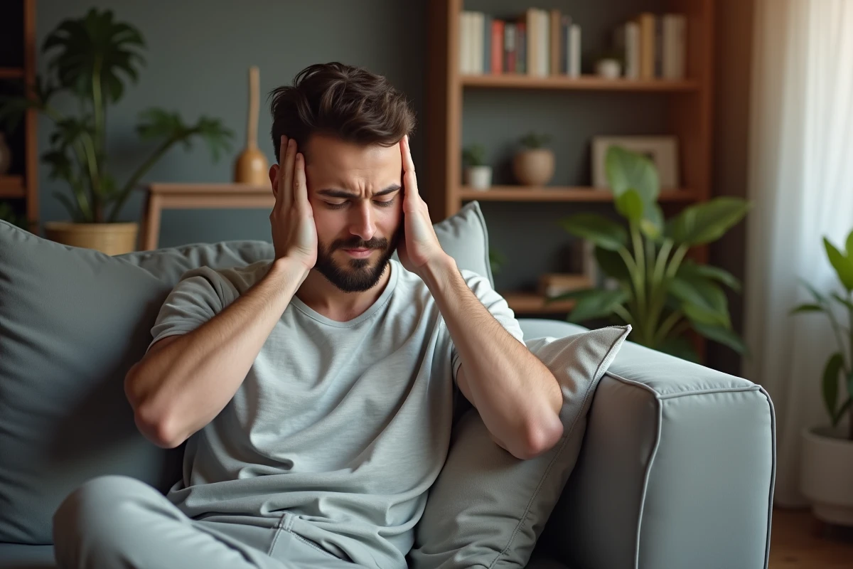 Jeune homme se massant les tempes à la maison
