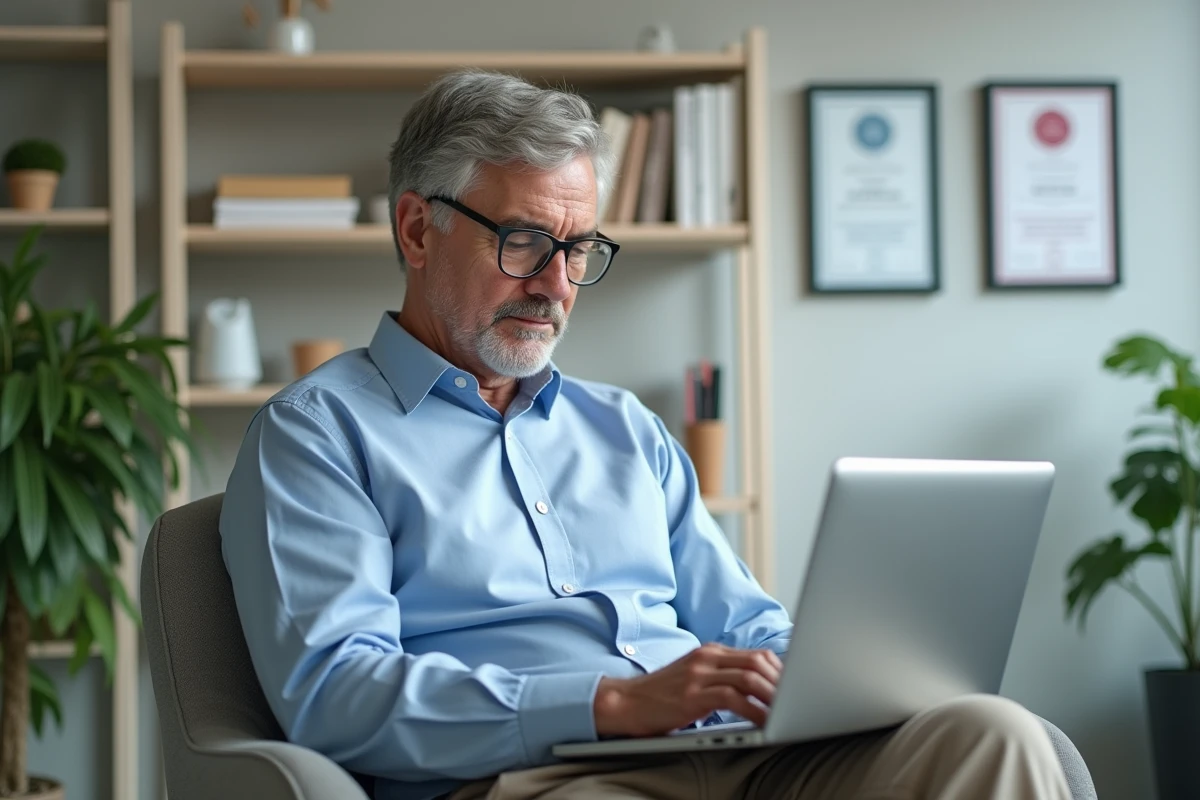 Médecin lisant conseils santé sur un ordinateur en cabinet