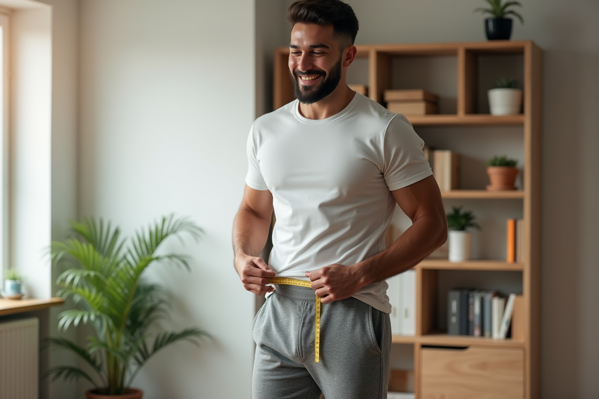 Homme mesurant sa taille avec un ruban dans un salon lumineux