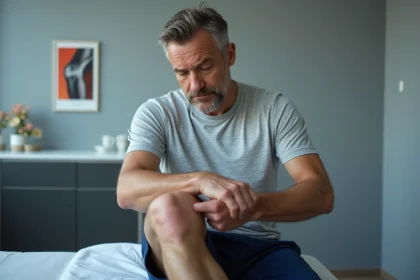 Homme d'&acirc;ge moyen touchant son genou gonfl&eacute; dans une clinique
