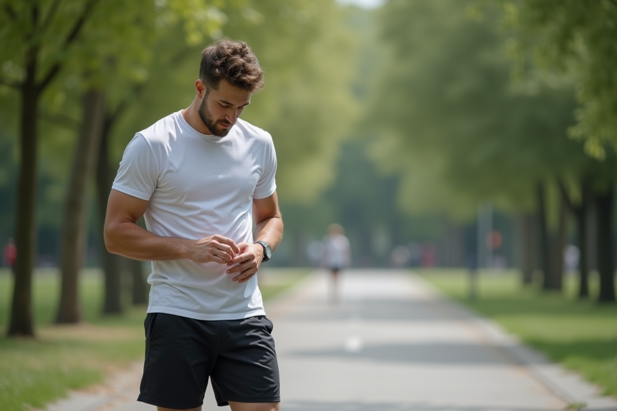 Homme regarde sa cuisse dans un parc urbain