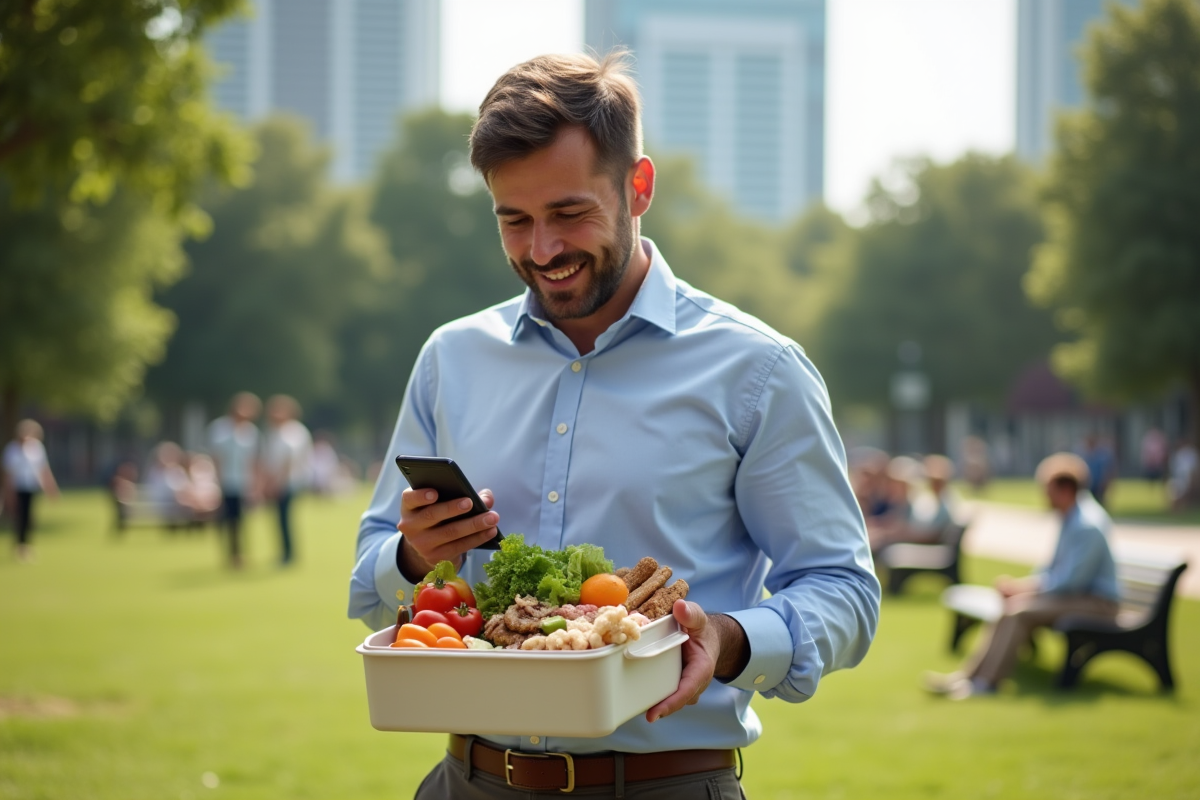 Homme vérifiant une application alimentaire dans un parc