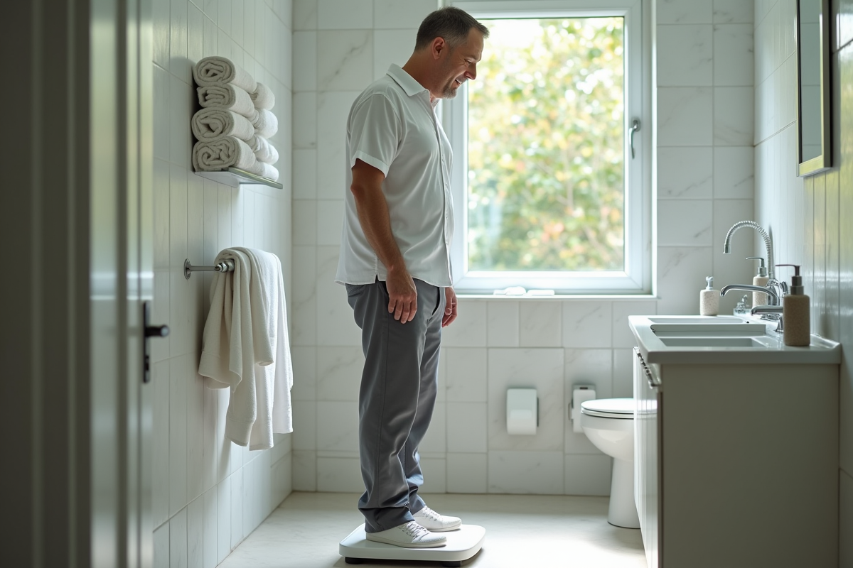 Homme surpris se pesant dans une salle de bain lumineuse