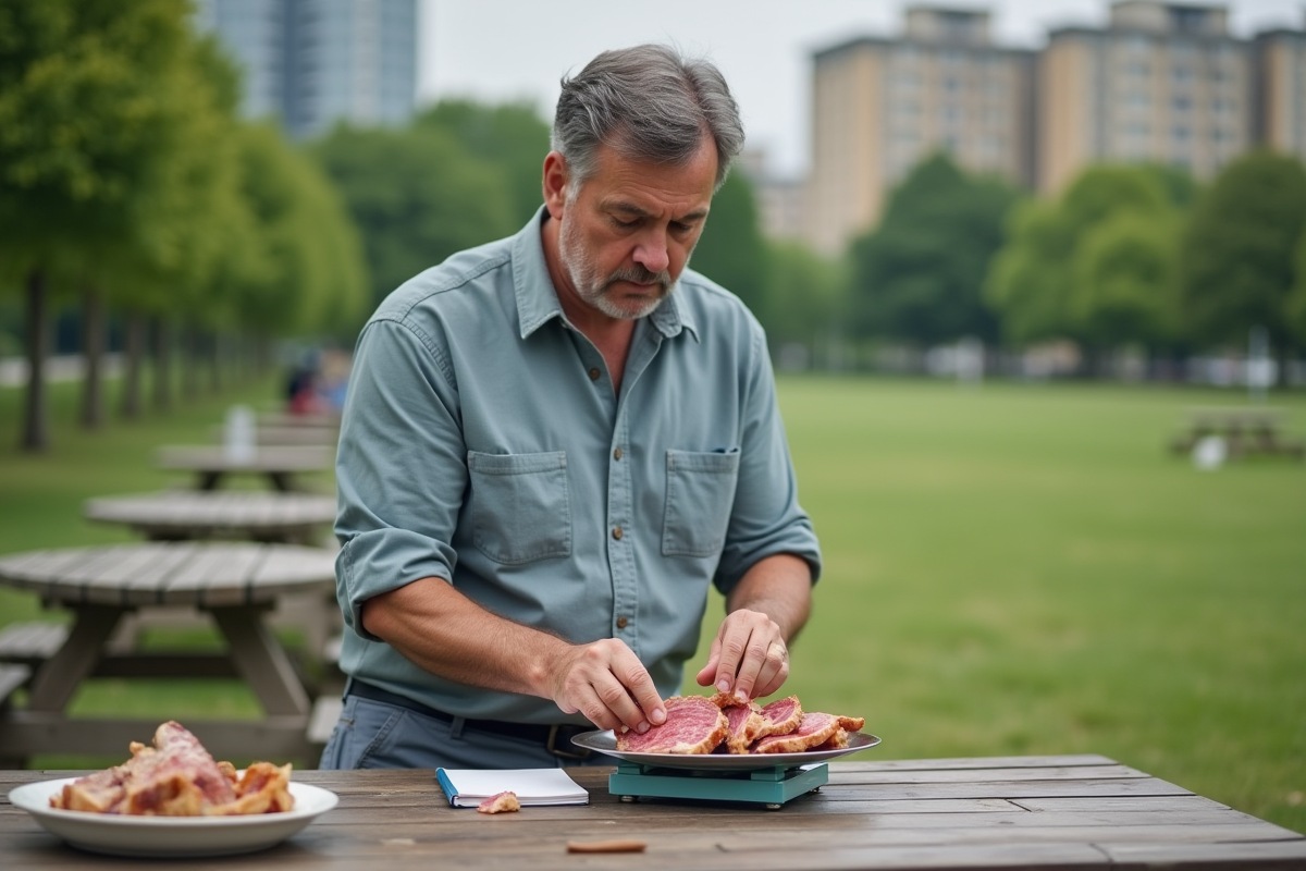 Homme pesant de la viande lors d’un pique-nique en ville