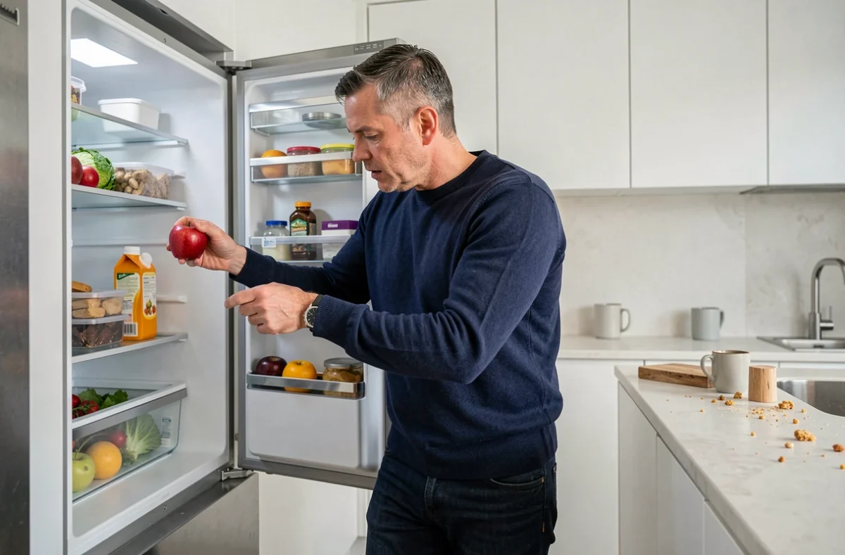 Homme en pull marine attrapant une pomme rouge dans un réfrigérateur ouvert dans une cuisine moderne et minimaliste