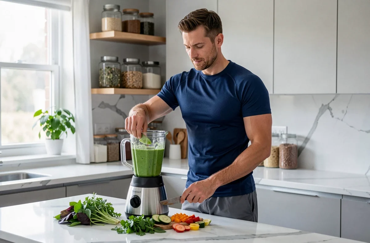 Homme préparant un smoothie vert dans une cuisine moderne, symbolisant une alimentation saine et une hygiène de vie équilibrée