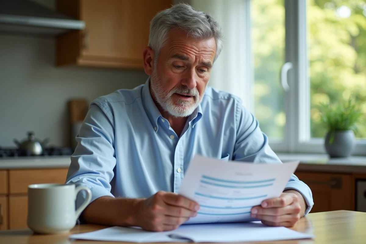Homme d age moyen examine un rapport de sante dans sa cuisine