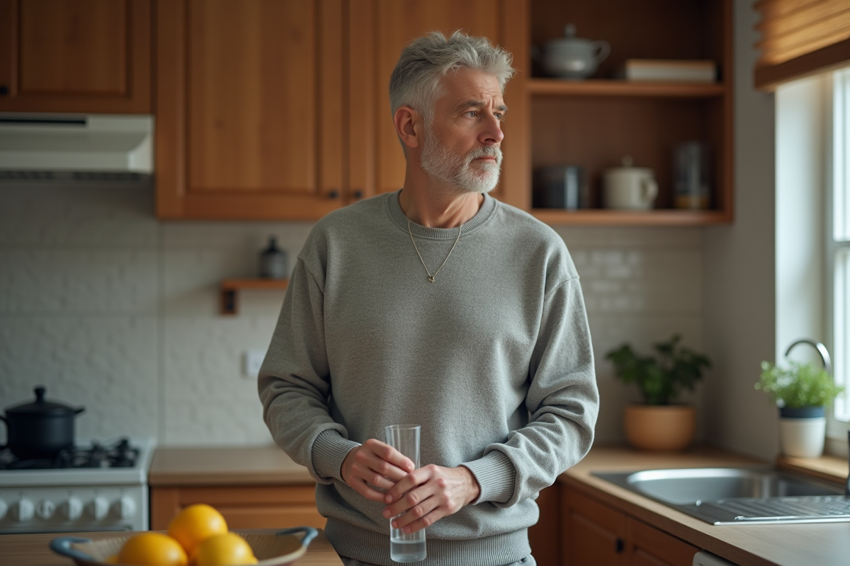 Homme debout dans la cuisine tenant un verre d