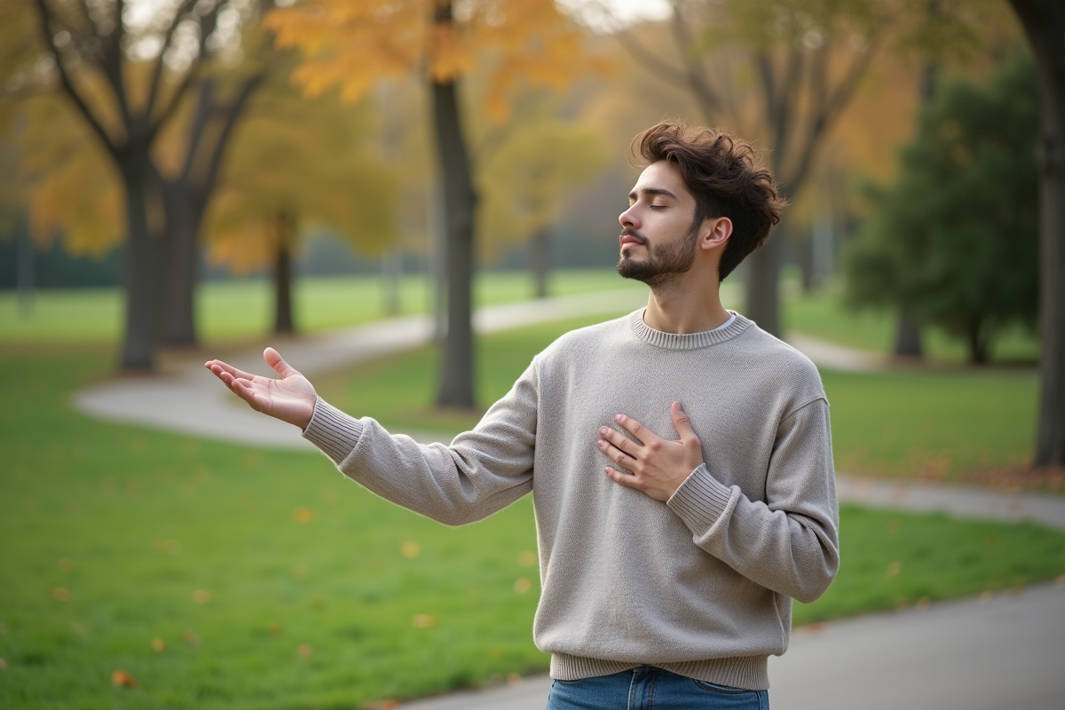 Jeune homme en réflexion dans un parc naturel