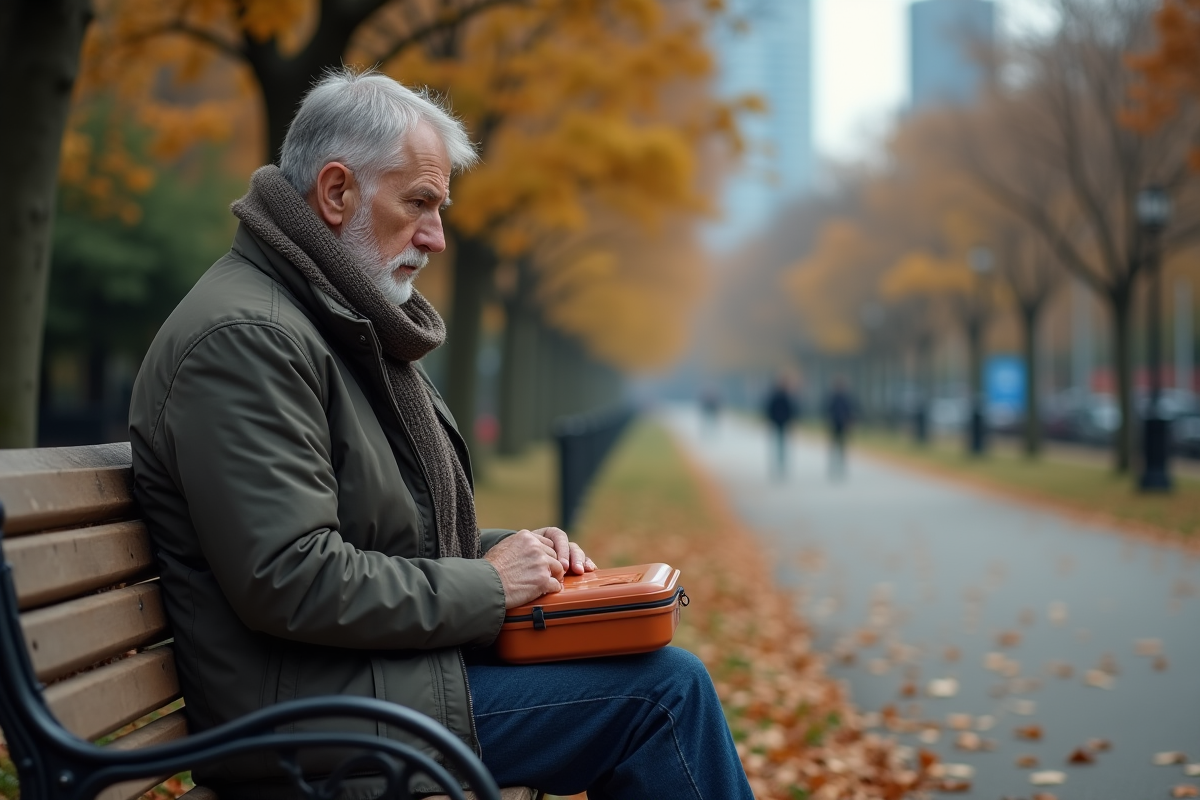 Homme méditatif assis sur un banc dans un parc urbain