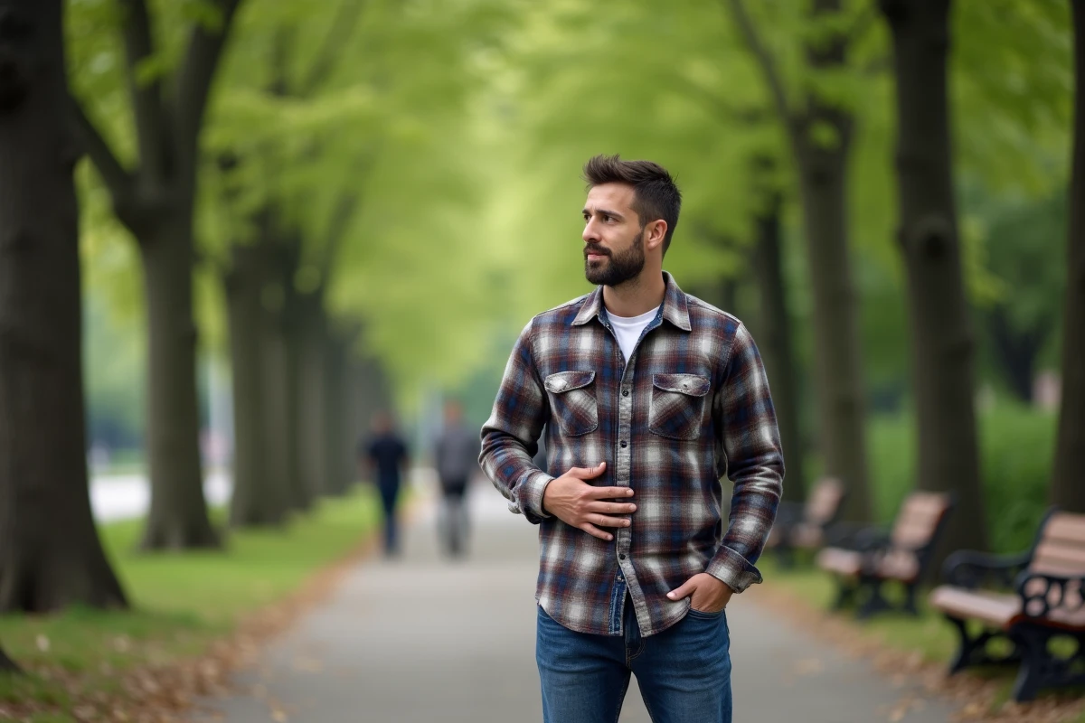Homme pensif dans un parc en pleine nature
