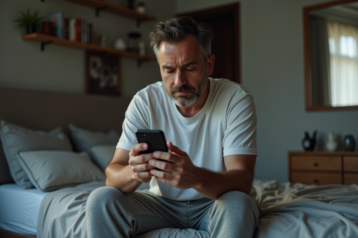Homme assis sur le lit regardant son smartphone