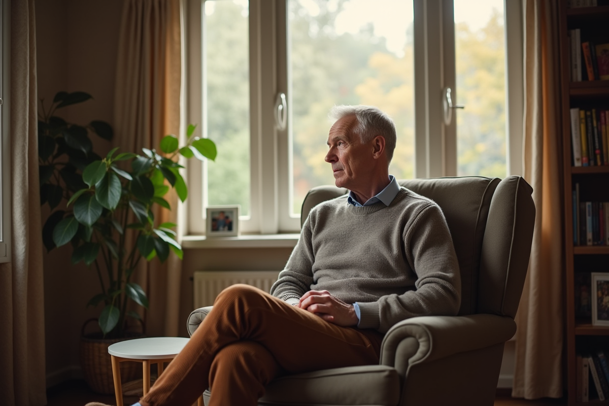 Homme d age moyen assis dans un salon lumineux