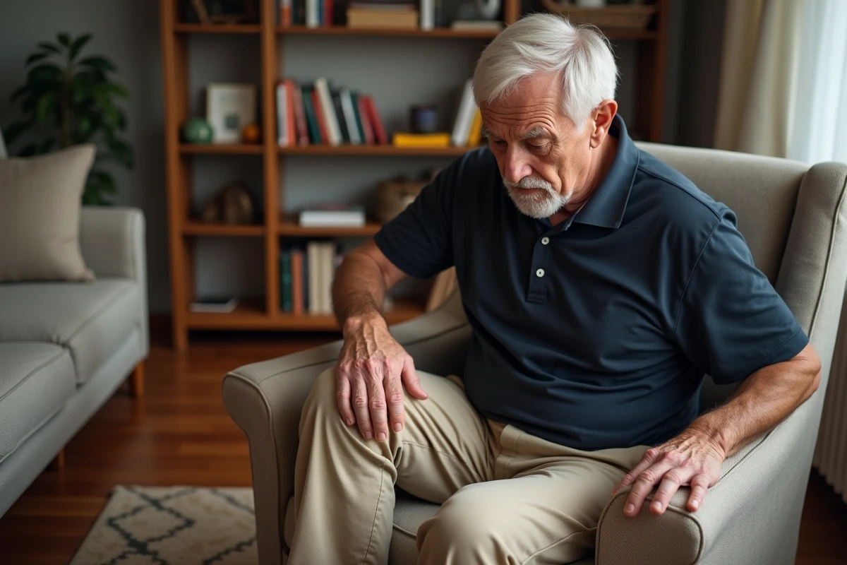 Homme senior se levant avec difficulté d'un fauteuil en raison de douleurs au genou