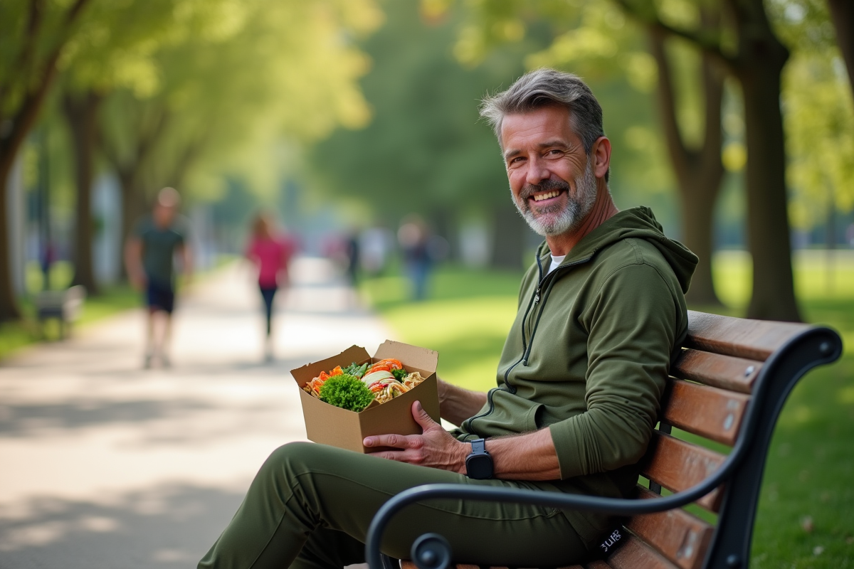 Homme en tenue de sport ouvre un wrap de légumes dans un parc